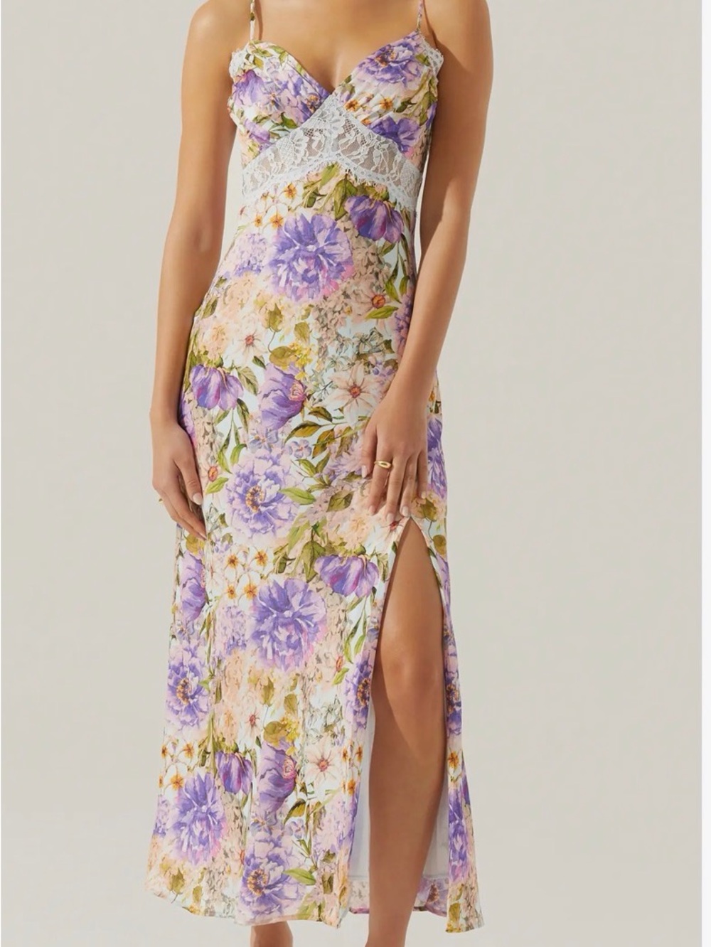ASTR Floral Lace-Trim Slip Dress in Light Blue and Multicolor Florals